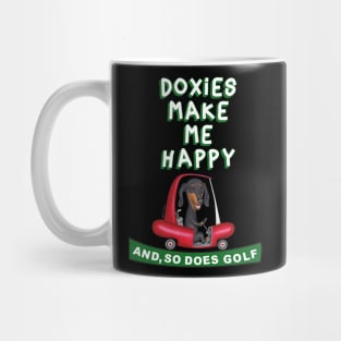 Cute doxie dog with classic golf cart on Black Dachshund in Red Golf Cart tee Mug